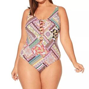 MSRP $135 BLEU by Rod Beattie Just Cool Plus Lace-Up One-Piece Swimsuit Size 16W